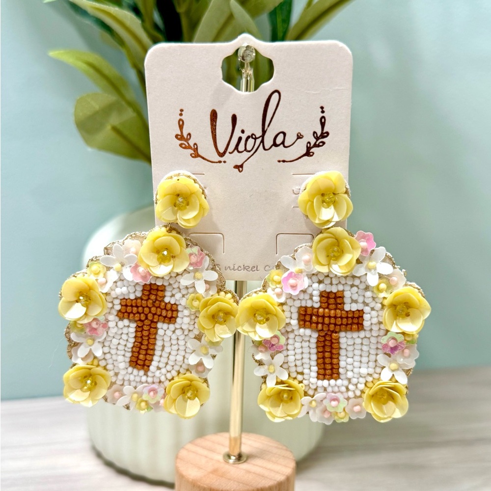 Viola Floral Cross Beaded Earrings